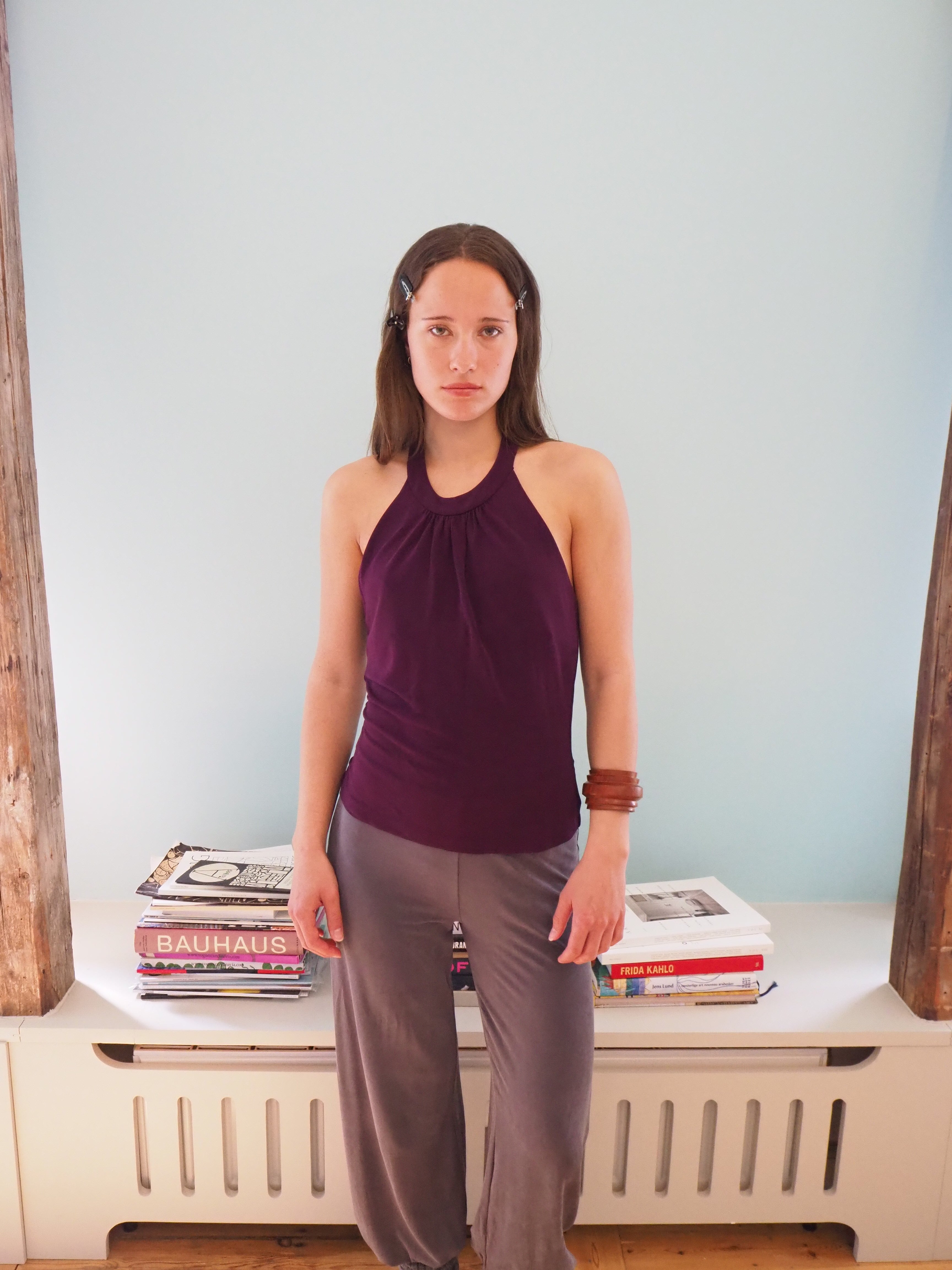 purple halterneck top